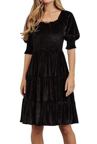 R.Vivimos Womens Fall Winter Velvet Casual Dresses Puff Sleeve